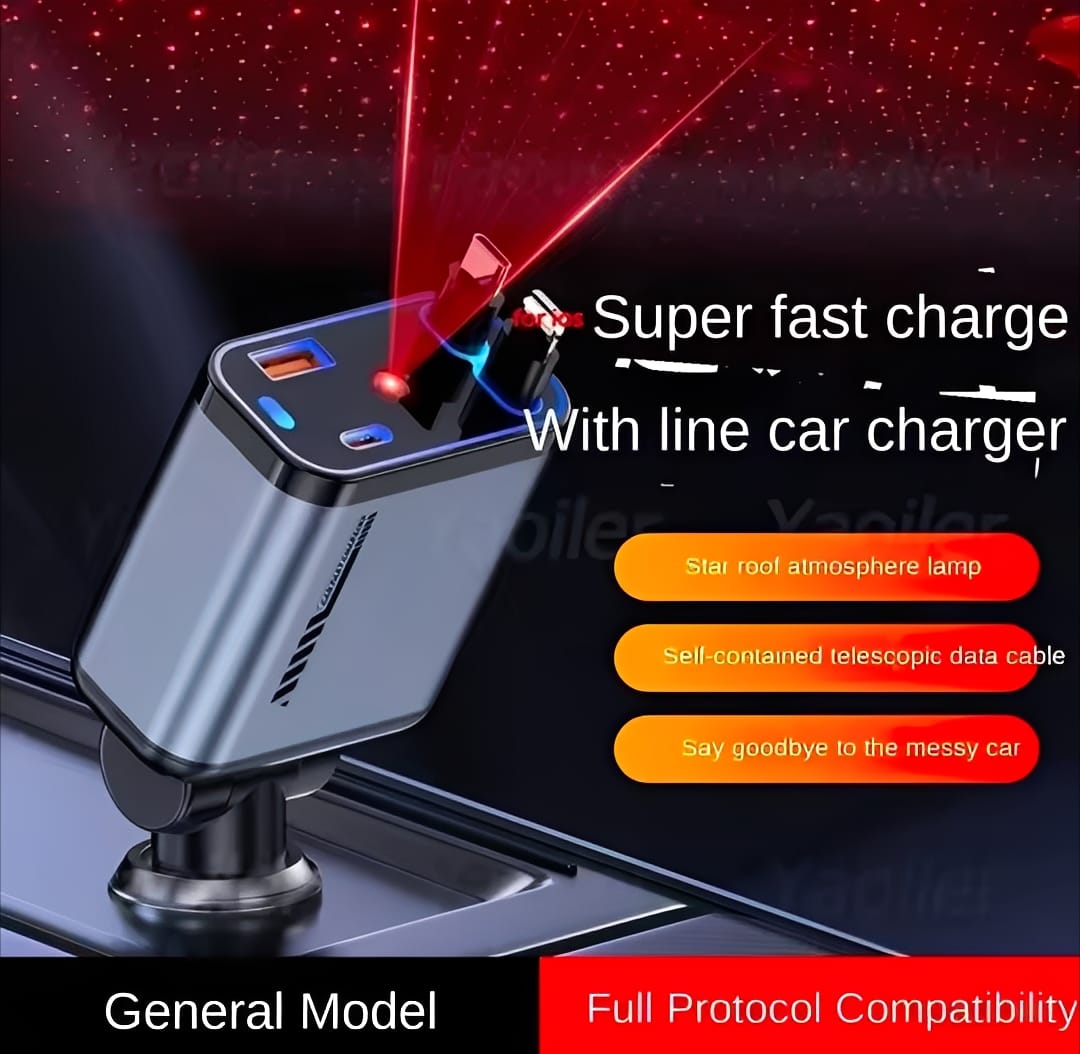 C6 4 In 1 Multi Functional Car Charger Fast Charging With Star Light Providing Durable Quality - 20 Watt